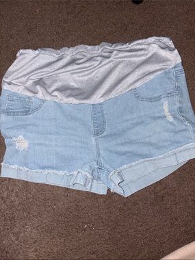 Light Blue Maternity Denim Shorts with Stretch Waistband